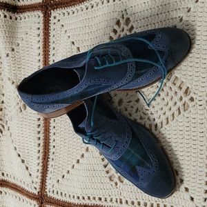 Men's blue suede and plaid wingtip